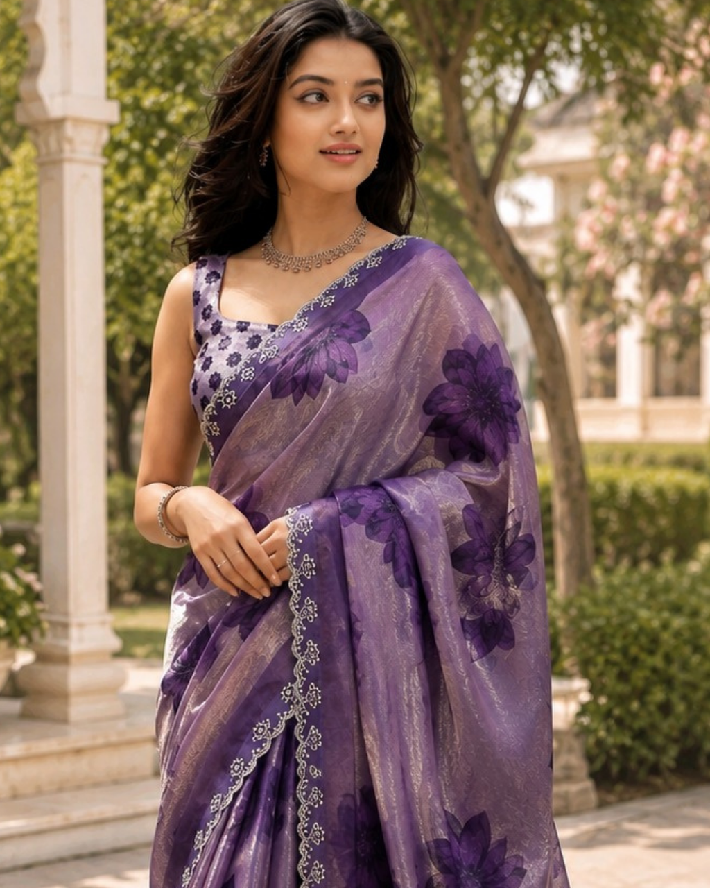 Lavender Purple Floral Organza Fandy Silk Saree