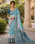 Sky Blue Floral Botanical Border Premium Silk Saree