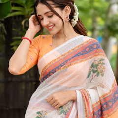 Ivory White Pichwai Kamdhenu & Lotus Linen Saree