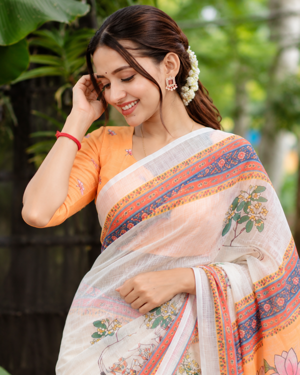 Ivory White Pichwai Kamdhenu & Lotus Linen Saree