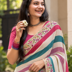 Off-White Rainbow Striped Floral Border Saree