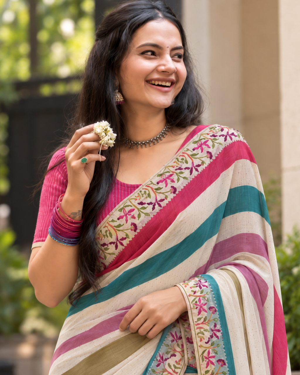 Off-White Rainbow Striped Floral Border Saree