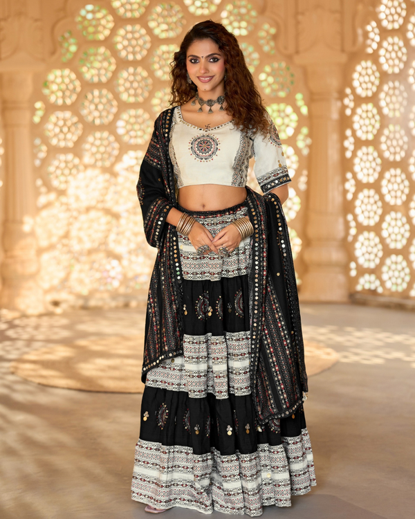 Monochrome Tribal Mirror Work Chaniya Choli