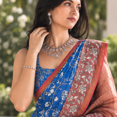 Royal Blue Floral Kalamkari Border Chanderi Saree