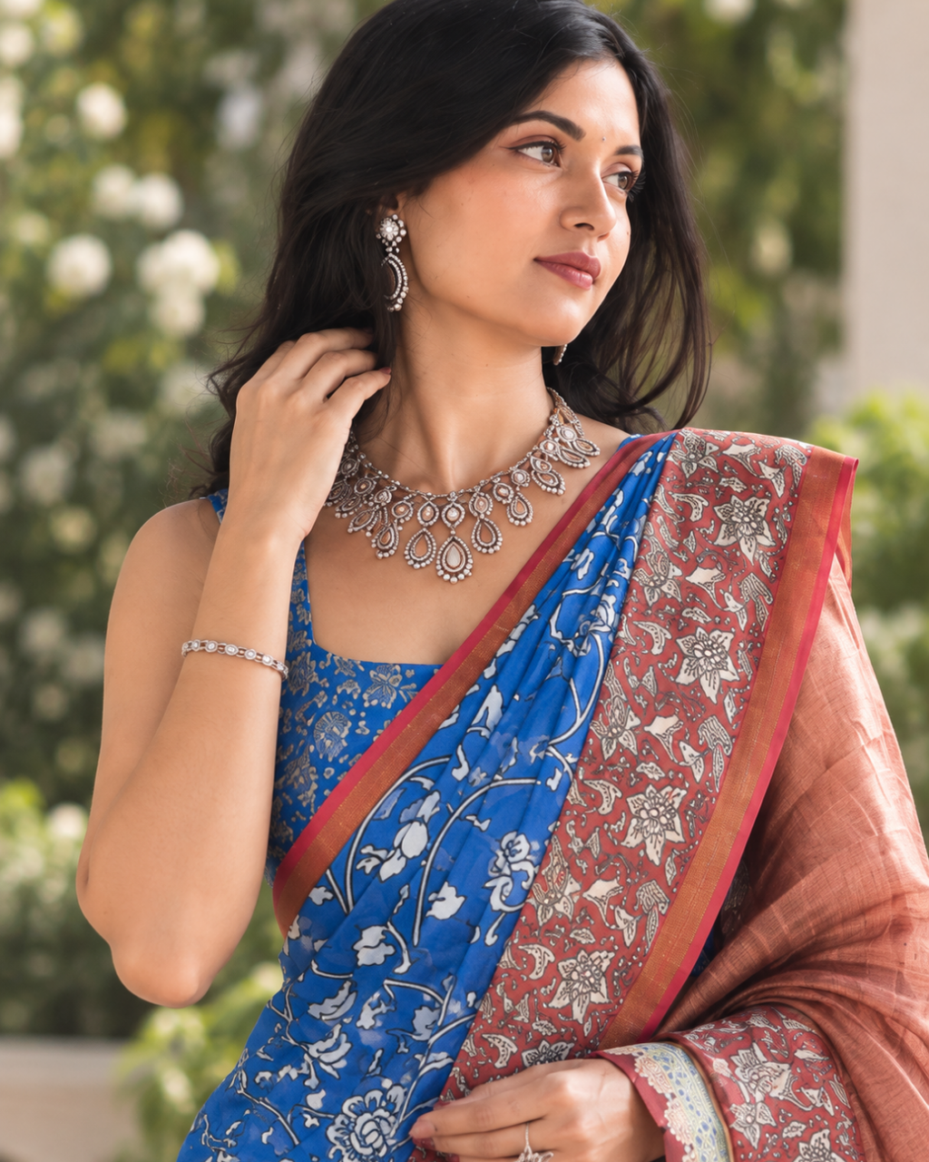 Royal Blue Floral Kalamkari Border Chanderi Saree