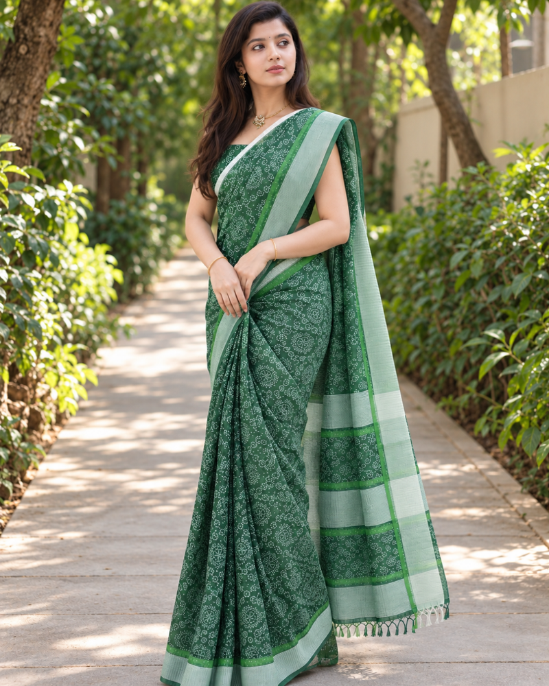 Emerald Mandala Bandhani Chanderi Saree