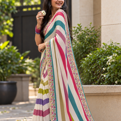 Off-White Rainbow Striped Floral Border Saree