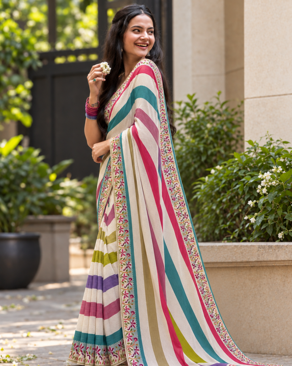 Off-White Rainbow Striped Floral Border Saree
