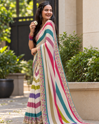 Off-White Rainbow Striped Floral Border Saree