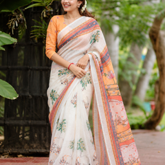 Ivory White Pichwai Kamdhenu & Lotus Linen Saree