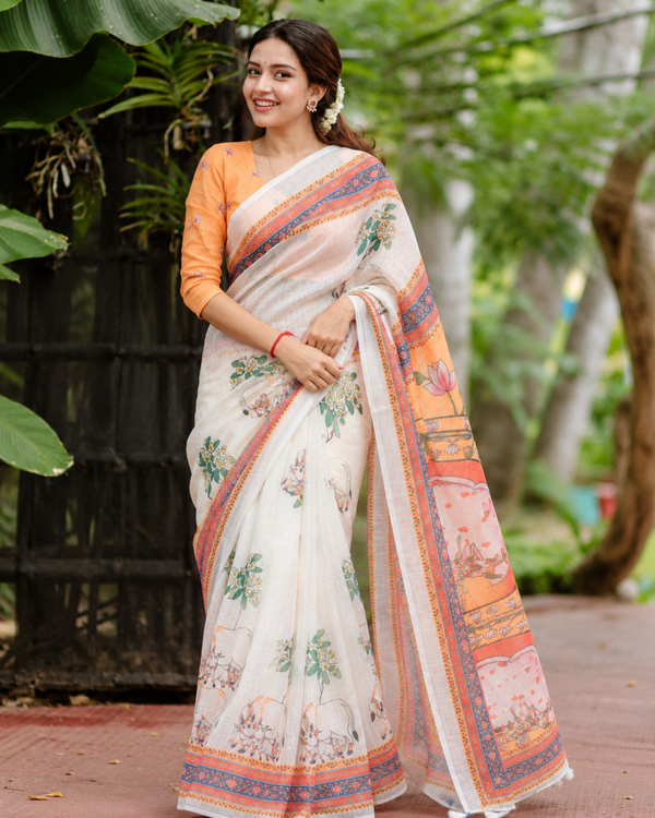 Ivory White Pichwai Kamdhenu & Lotus Linen Saree