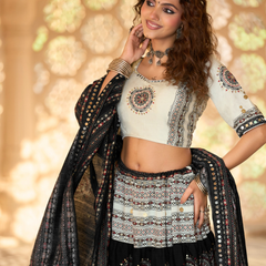 Monochrome Tribal Mirror Work Chaniya Choli