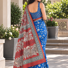 Royal Blue Floral Kalamkari Border Chanderi Saree