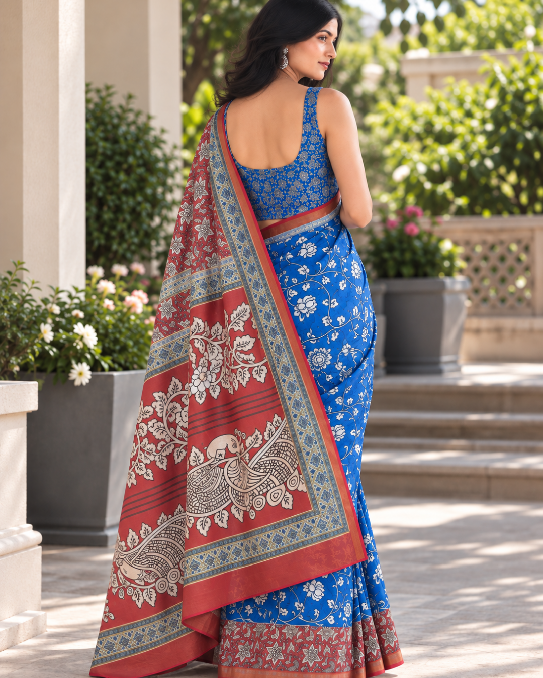 Royal Blue Floral Kalamkari Border Chanderi Saree