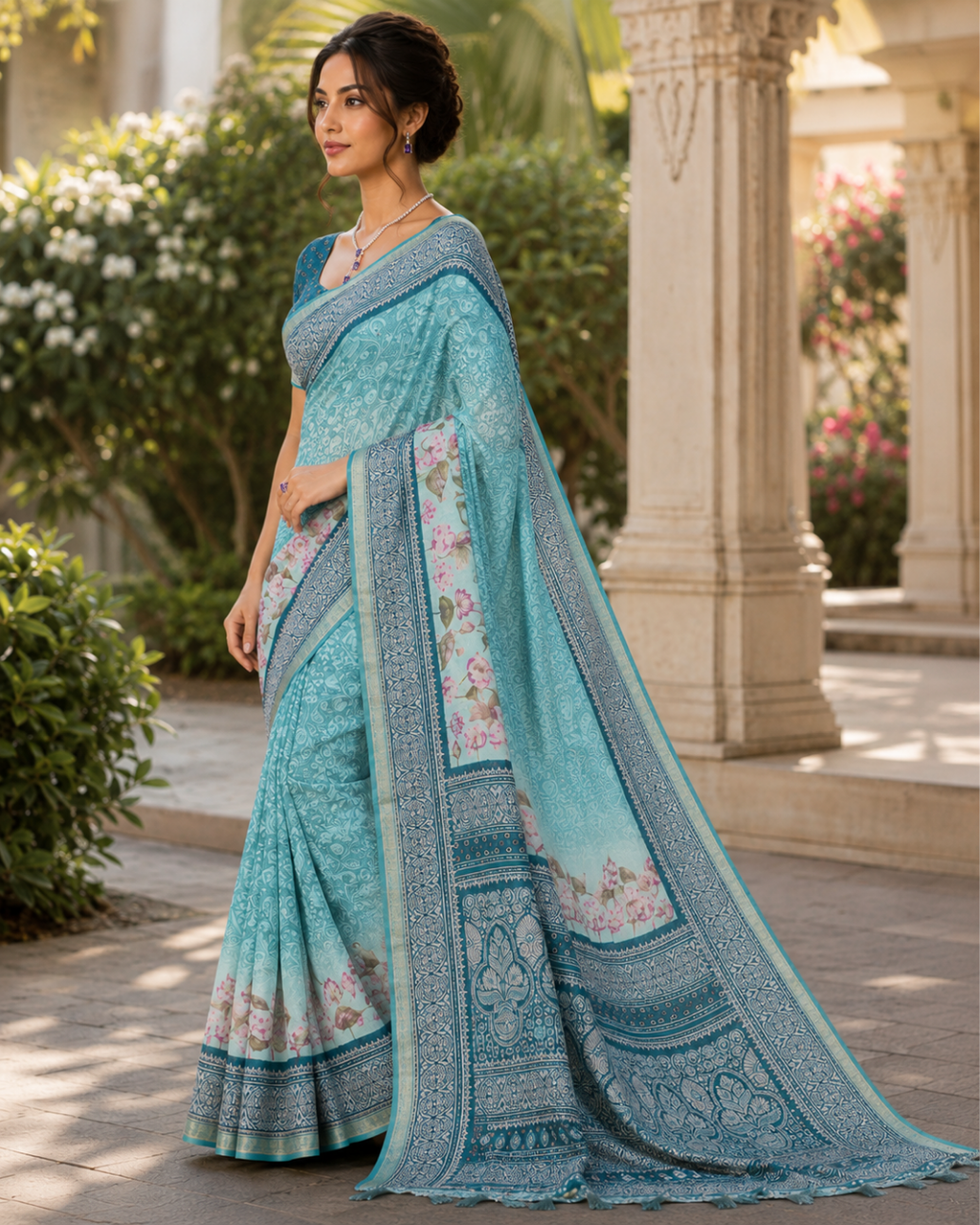 Sky Blue Floral Botanical Border Premium Silk Saree