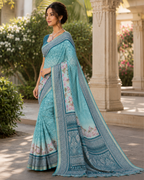 Sky Blue Floral Botanical Border Premium Silk Saree