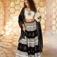 Monochrome Tribal Mirror Work Chaniya Choli