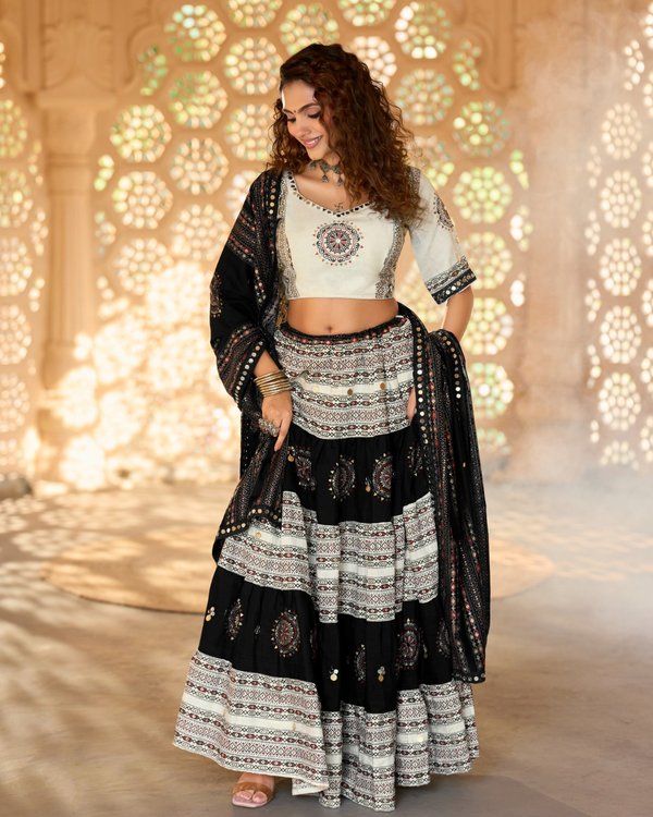 Monochrome Tribal Mirror Work Chaniya Choli