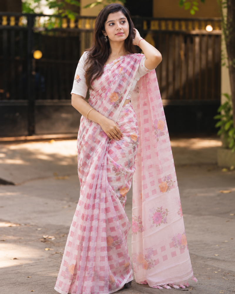 Blush Pink Buffalo Check Floral Bloom Linen Saree