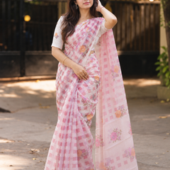 Blush Pink Buffalo Check Floral Bloom Linen Saree