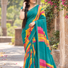 Teal Cyan Abstract Brushstroke Stripe Saree