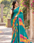 Teal Cyan Abstract Brushstroke Stripe Saree