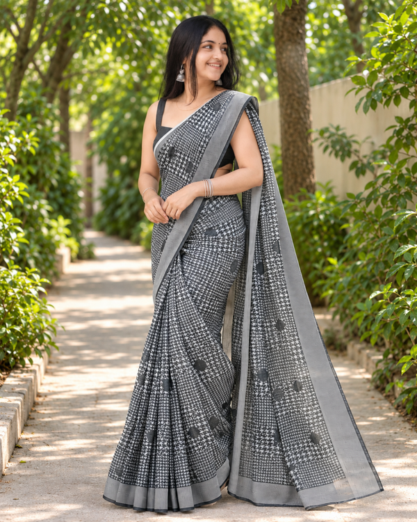 Monochrome Houndstooth Check Chanderi Saree