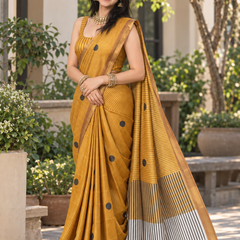 Mustard Yellow Pinstripe Polka Chanderi Saree