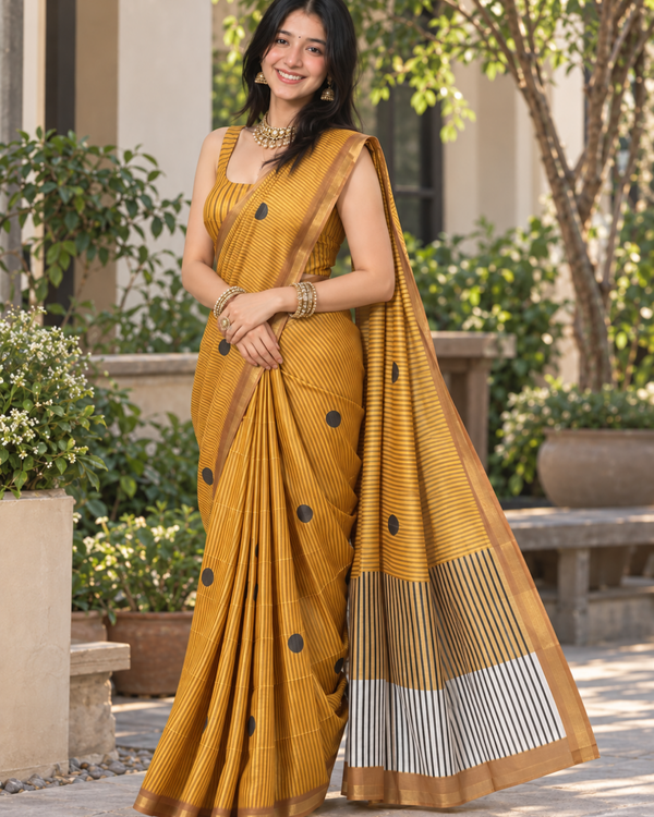 Mustard Yellow Pinstripe Polka Chanderi Saree
