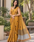 Mustard Yellow Pinstripe Polka Chanderi Saree