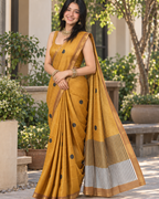 Mustard Yellow Pinstripe Polka Chanderi Saree