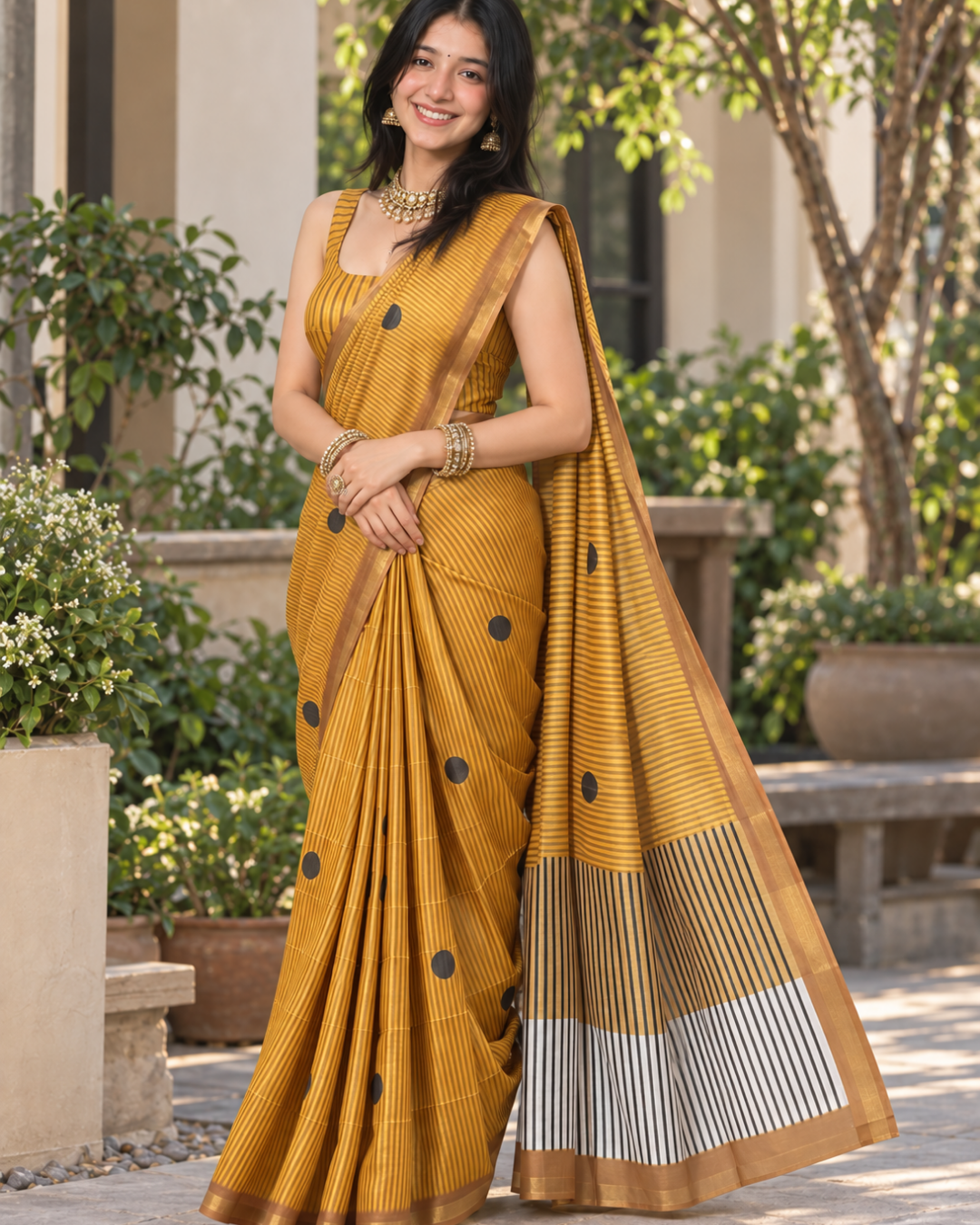 Mustard Yellow Pinstripe Polka Chanderi Saree