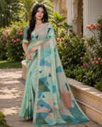Mint Green Pastel Geometric Prism Premium Silk Saree
