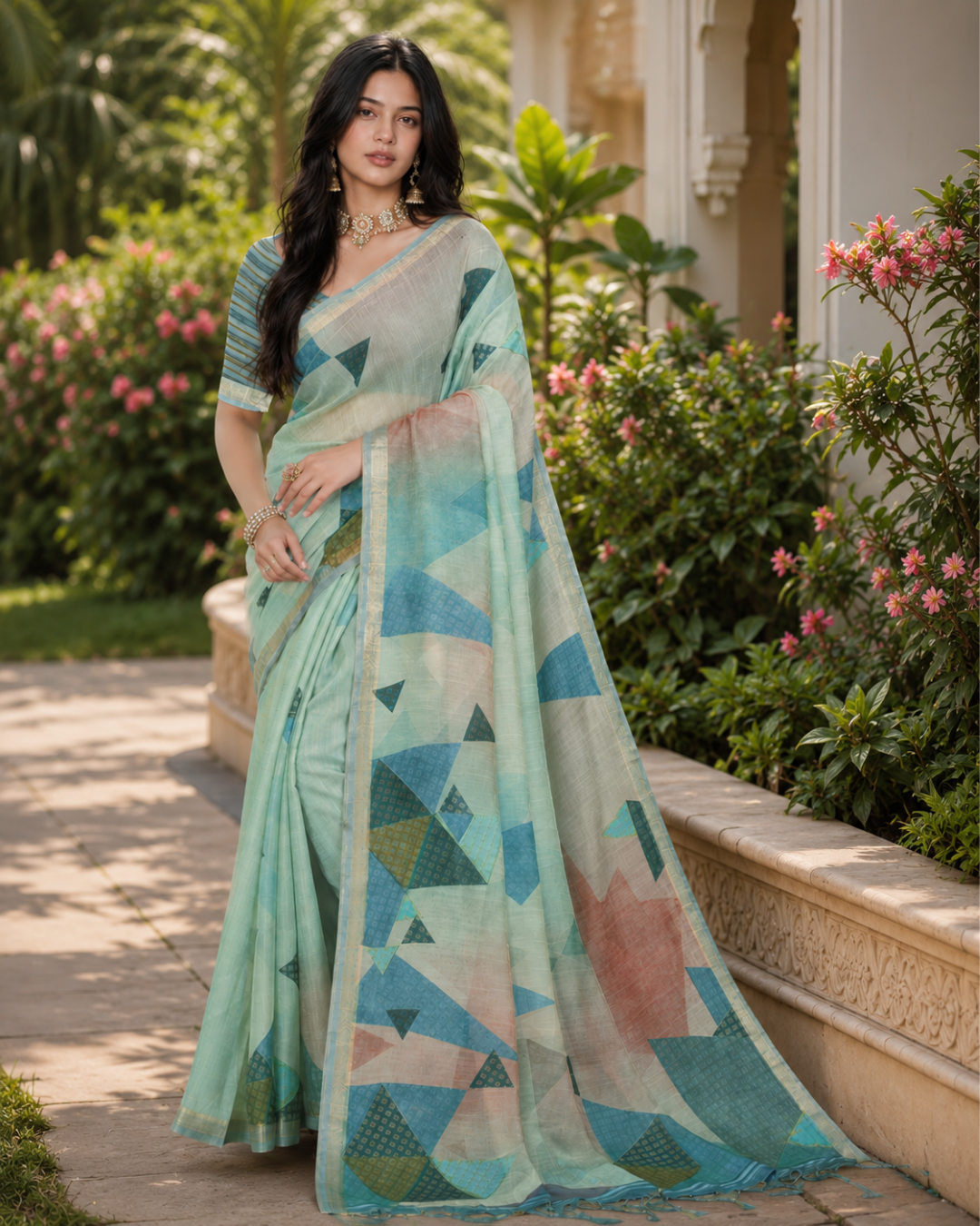 Mint Green Pastel Geometric Prism Premium Silk Saree