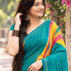 Teal Cyan Abstract Brushstroke Stripe Saree