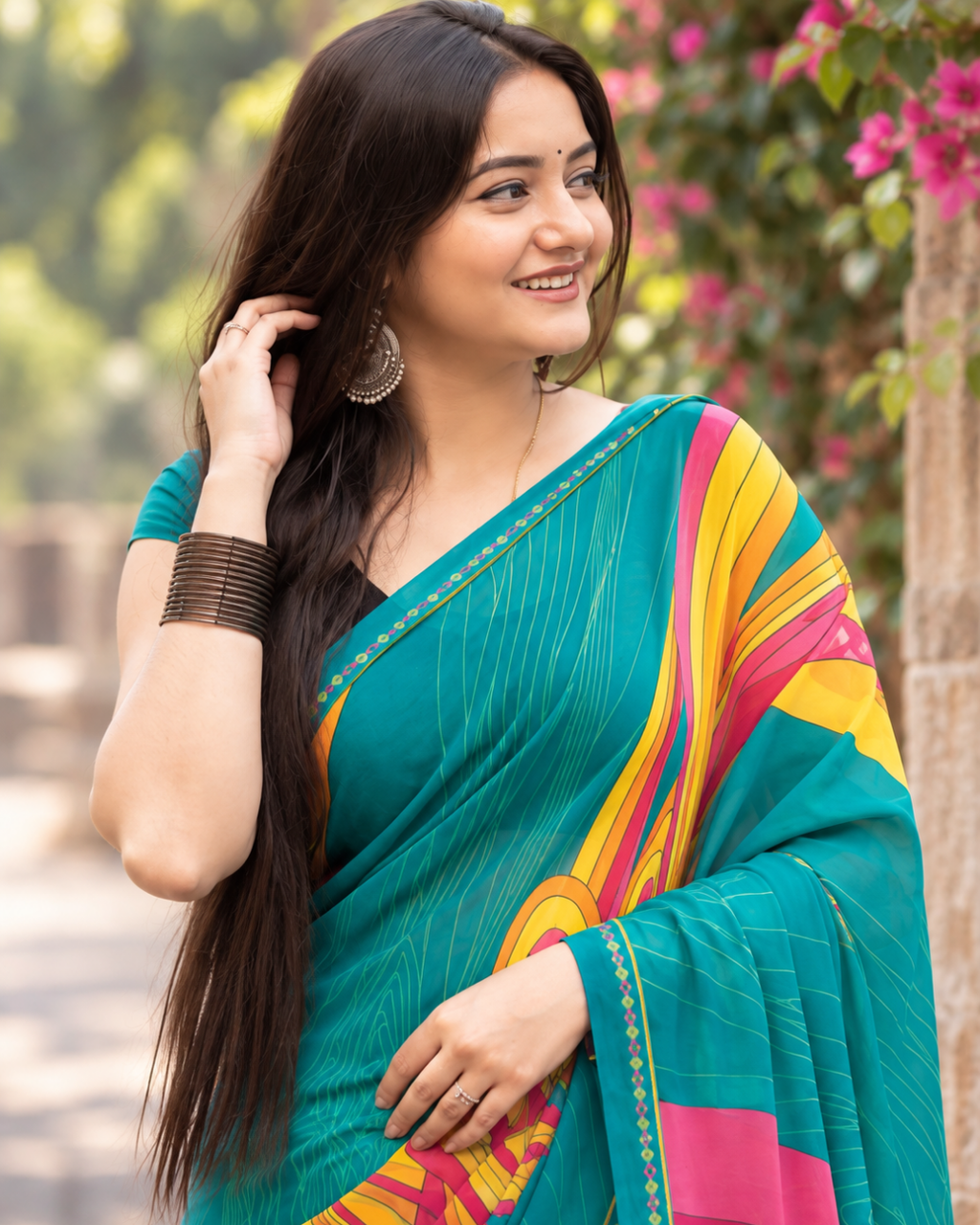 Teal Cyan Abstract Brushstroke Stripe Saree