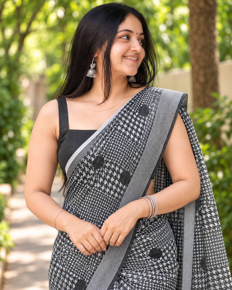 Monochrome Houndstooth Check Chanderi Saree