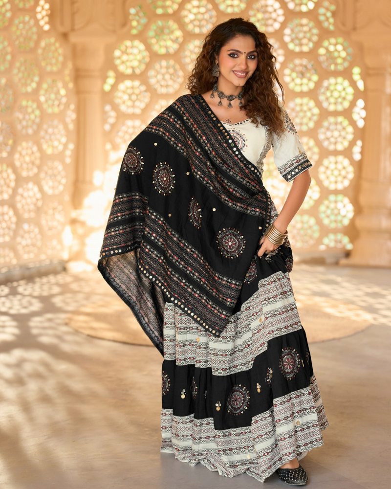 Monochrome Tribal Mirror Work Chaniya Choli