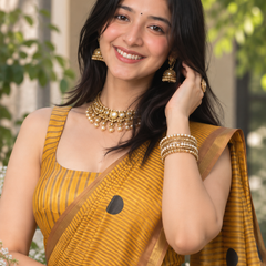 Mustard Yellow Pinstripe Polka Chanderi Saree