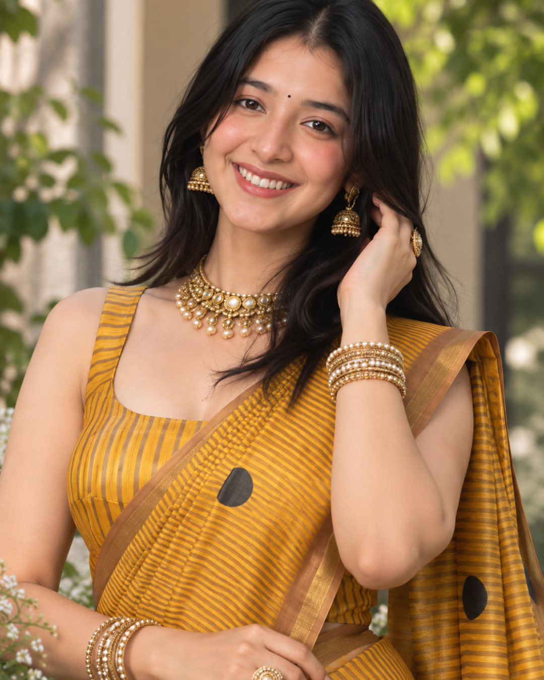 Mustard Yellow Pinstripe Polka Chanderi Saree