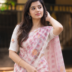 Blush Pink Buffalo Check Floral Bloom Linen Saree