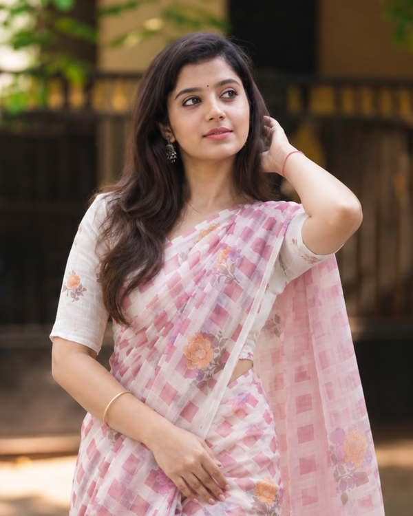 Blush Pink Buffalo Check Floral Bloom Linen Saree