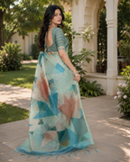 Mint Green Pastel Geometric Prism Premium Silk Saree
