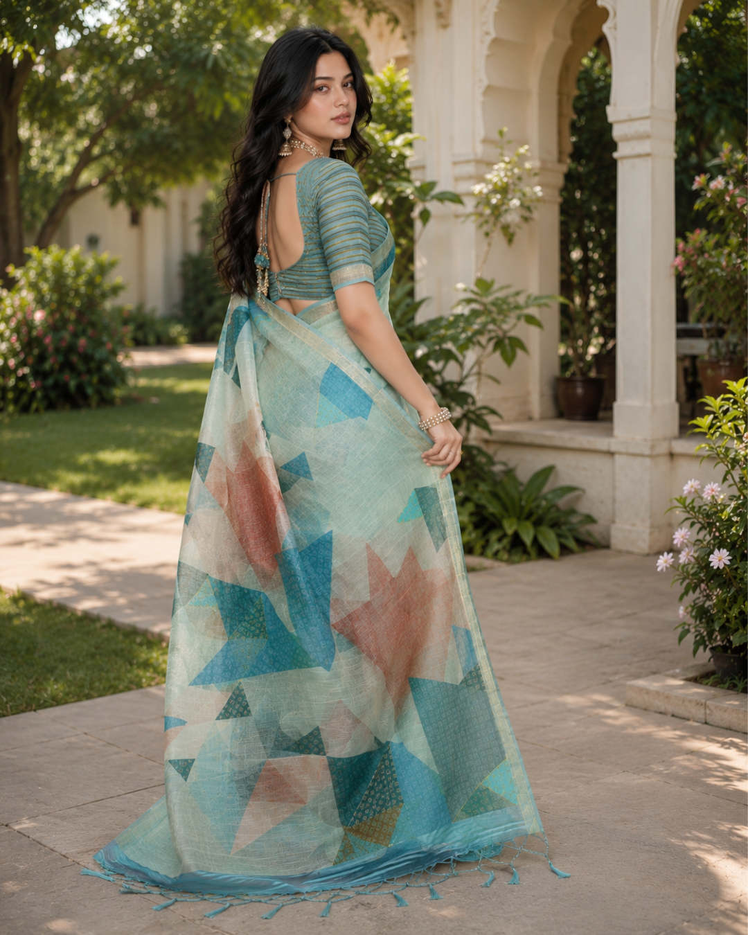 Mint Green Pastel Geometric Prism Premium Silk Saree