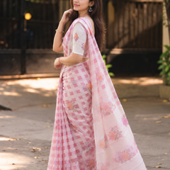 Blush Pink Buffalo Check Floral Bloom Linen Saree