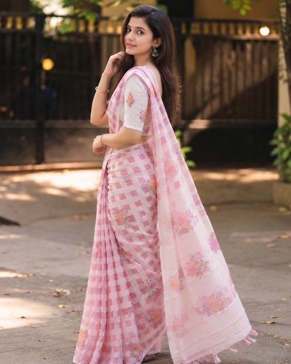Blush Pink Buffalo Check Floral Bloom Linen Saree