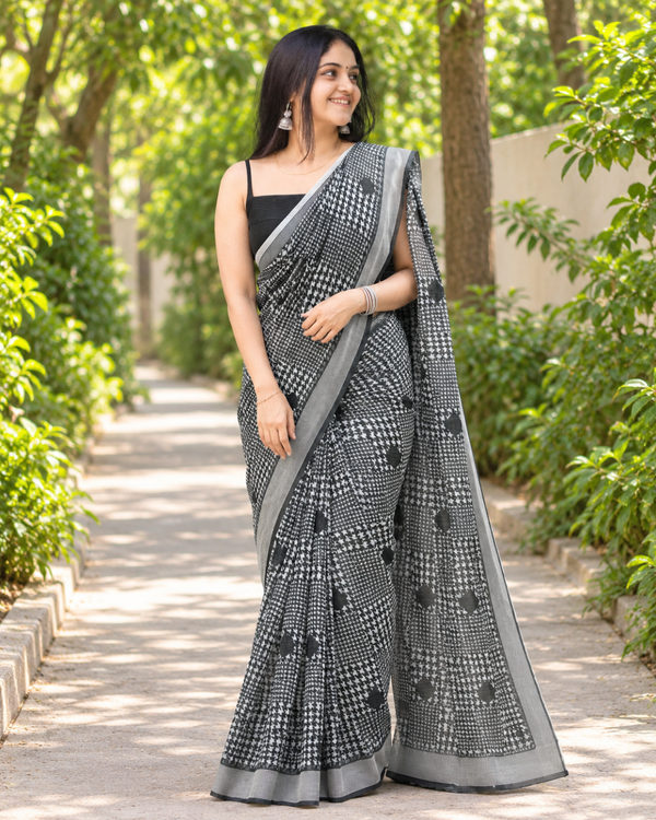 Monochrome Houndstooth Check Chanderi Saree