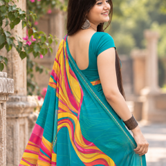Teal Cyan Abstract Brushstroke Stripe Saree