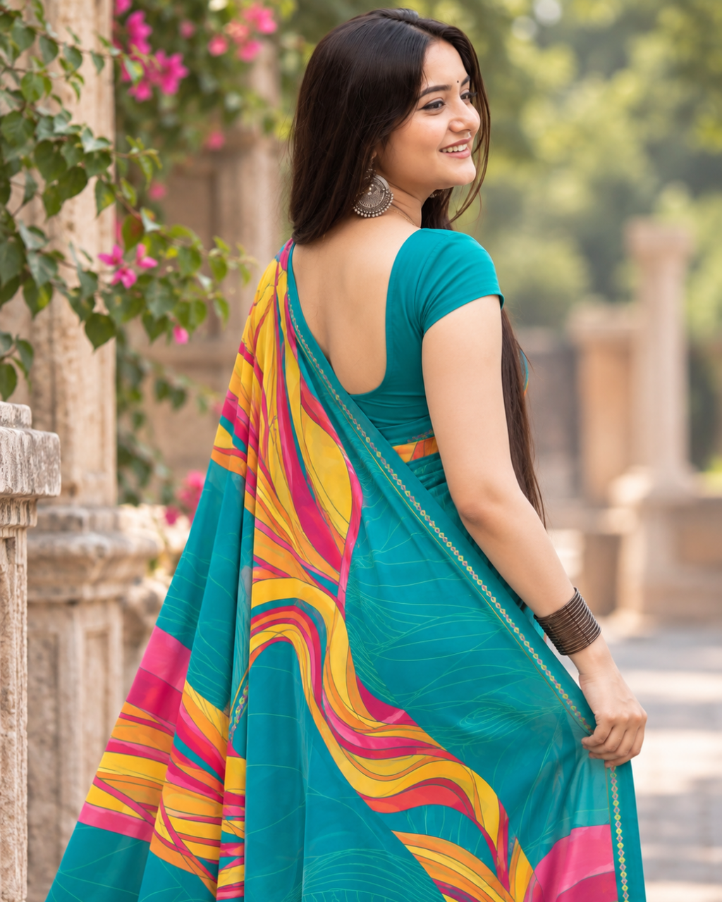 Teal Cyan Abstract Brushstroke Stripe Saree