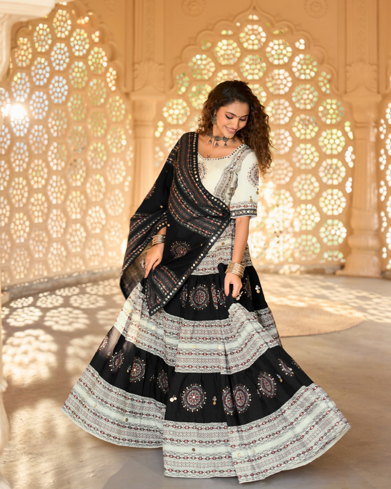 Monochrome Tribal Mirror Work Chaniya Choli